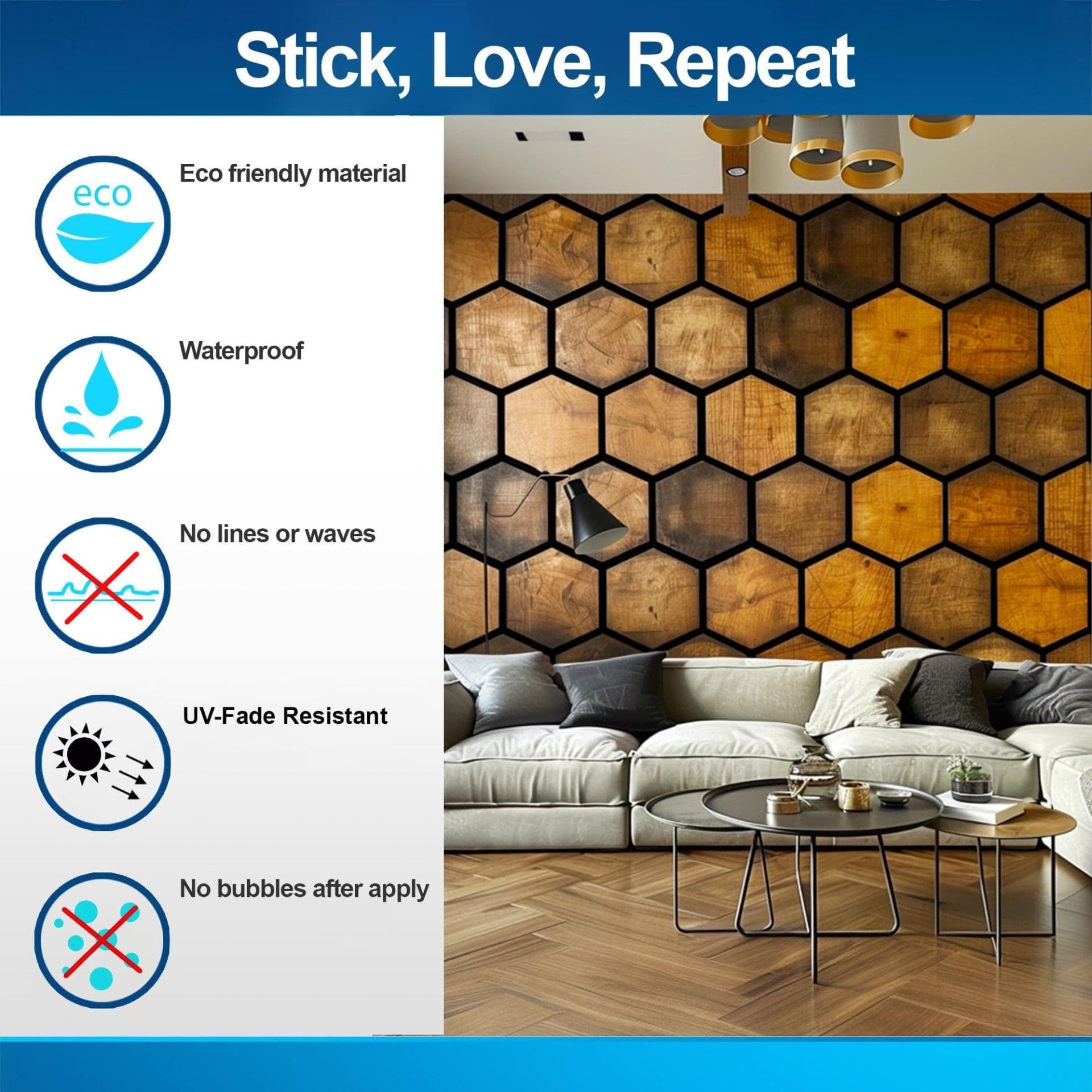 image-Hexagonal Wood Effect Wallpaper Sticker - Black Accent Adhesive Wall Decal, Rustic Wooden Honeycomb Decals for Modern Home Décor
