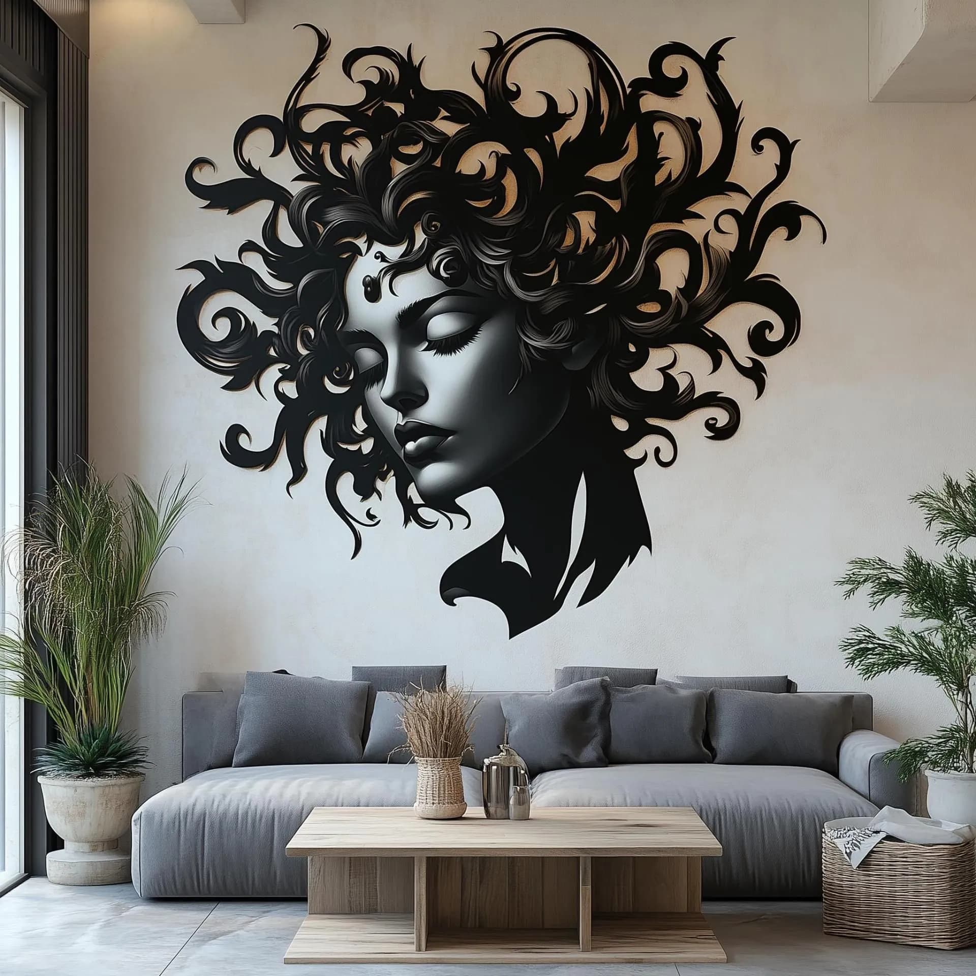 image-Elegant Woman Face Wall Decal | Large Abstract Wall Sticker | Black and White Vinyl Art for Living Room, Bedroom, Office, Modern Home Décor