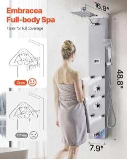 image-VEVOR Shower Panel Tower System with Rainfall Shower Head, LED, 49 in Brushed Stainless Steel Shower Column, 4-Function Faucet, Wall-Mount Rain Massage System with 6 Body Jets, Handheld, and Tub Spout