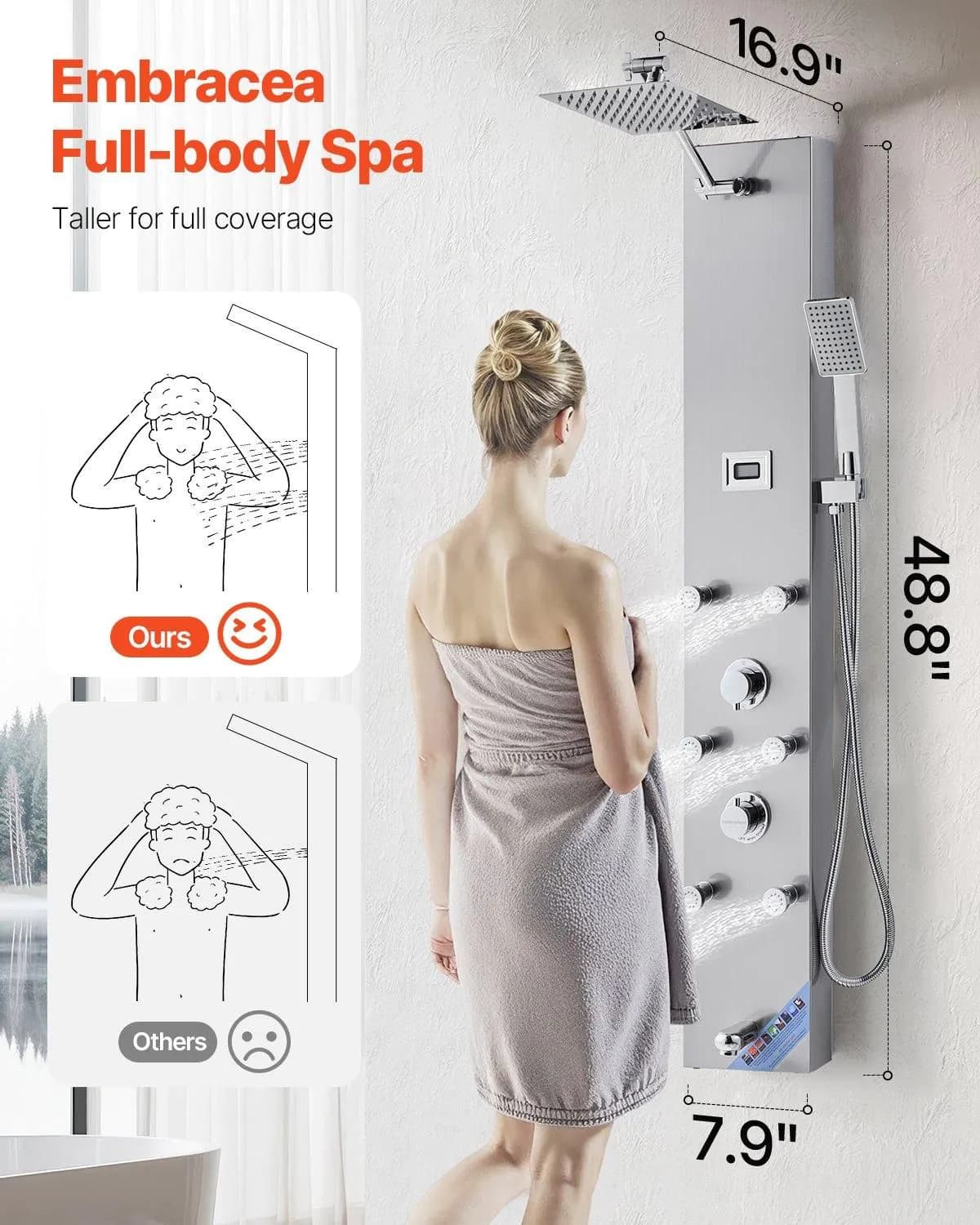 image-VEVOR Shower Panel Tower System with Rainfall Shower Head, LED, 49 in Brushed Stainless Steel Shower Column, 4-Function Faucet, Wall-Mount Rain Massage System with 6 Body Jets, Handheld, and Tub Spout