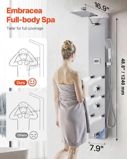 image-VEVOR Shower Panel Tower System with Rainfall Shower Head, LED, 49 in Brushed Stainless Steel Shower Column, 4-Function Faucet, Wall-Mount Rain Massage System with 6 Body Jets, Handheld, and Tub Spout
