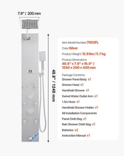 image-VEVOR Shower Panel Tower System with Rainfall Shower Head, LED, 49 in Brushed Stainless Steel Shower Column, 4-Function Faucet, Wall-Mount Rain Massage System with 6 Body Jets, Handheld, and Tub Spout
