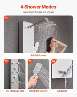 image-VEVOR Shower Panel Tower System with Rainfall Shower Head, LED, 49 in Brushed Stainless Steel Shower Column, 4-Function Faucet, Wall-Mount Rain Massage System with 6 Body Jets, Handheld, and Tub Spout