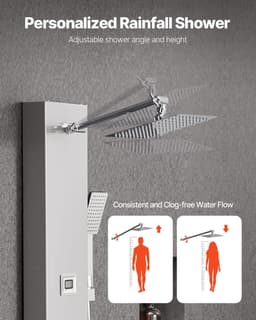 image-VEVOR Shower Panel Tower System with Rainfall Shower Head, LED, 49 in Brushed Stainless Steel Shower Column, 4-Function Faucet, Wall-Mount Rain Massage System with 6 Body Jets, Handheld, and Tub Spout