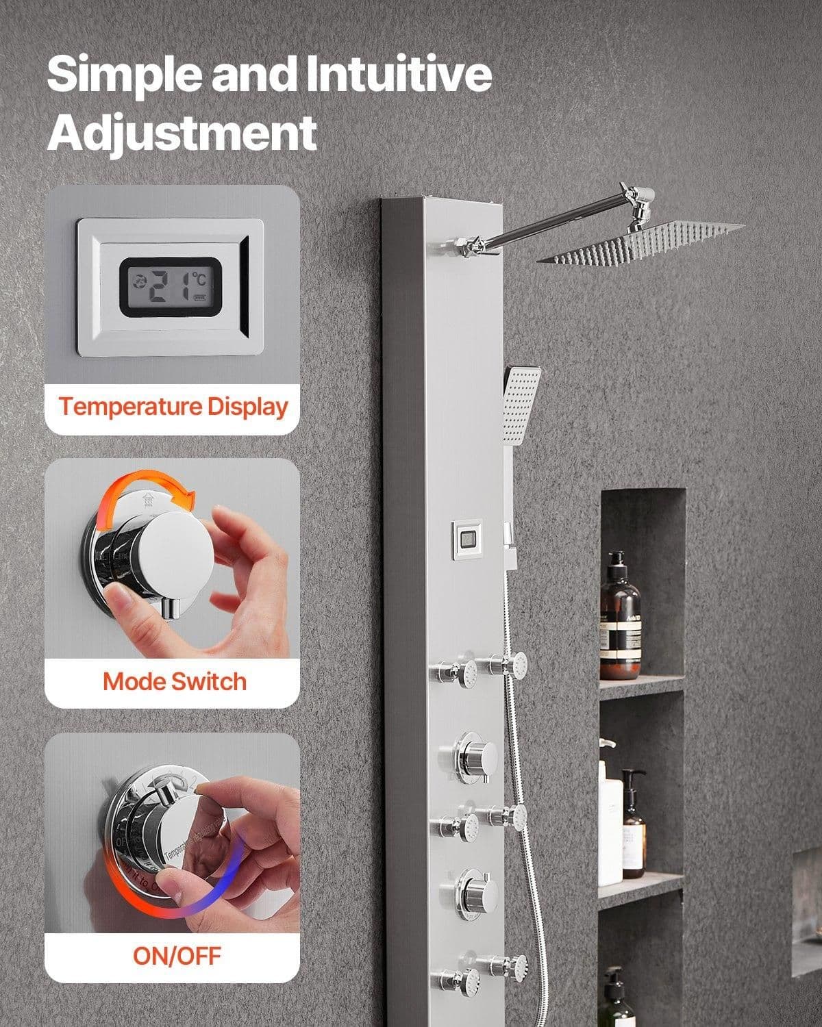 image-VEVOR Shower Panel Tower System with Rainfall Shower Head, LED, 49 in Brushed Stainless Steel Shower Column, 4-Function Faucet, Wall-Mount Rain Massage System with 6 Body Jets, Handheld, and Tub Spout