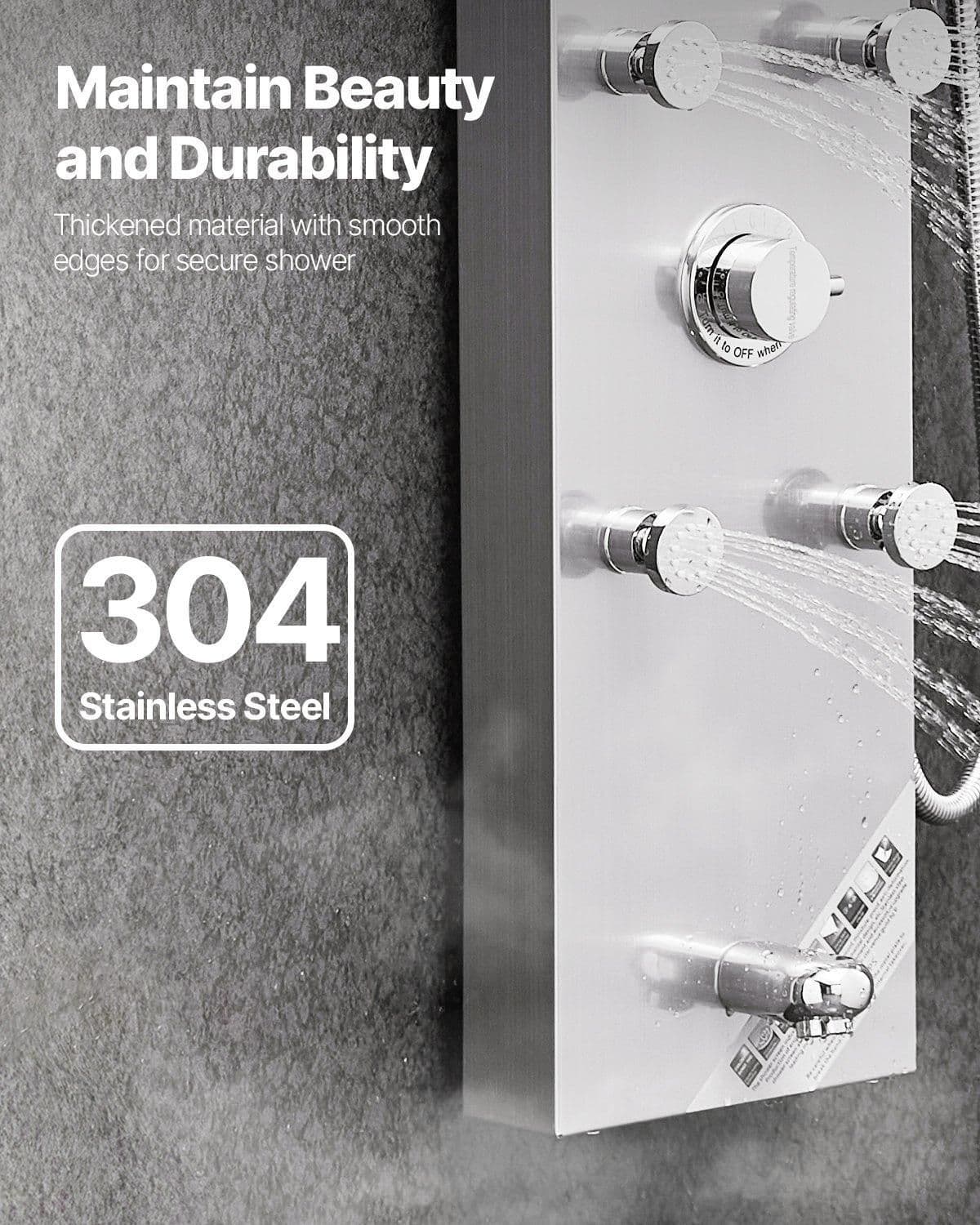 image-VEVOR Shower Panel Tower System with Rainfall Shower Head, LED, 49 in Brushed Stainless Steel Shower Column, 4-Function Faucet, Wall-Mount Rain Massage System with 6 Body Jets, Handheld, and Tub Spout