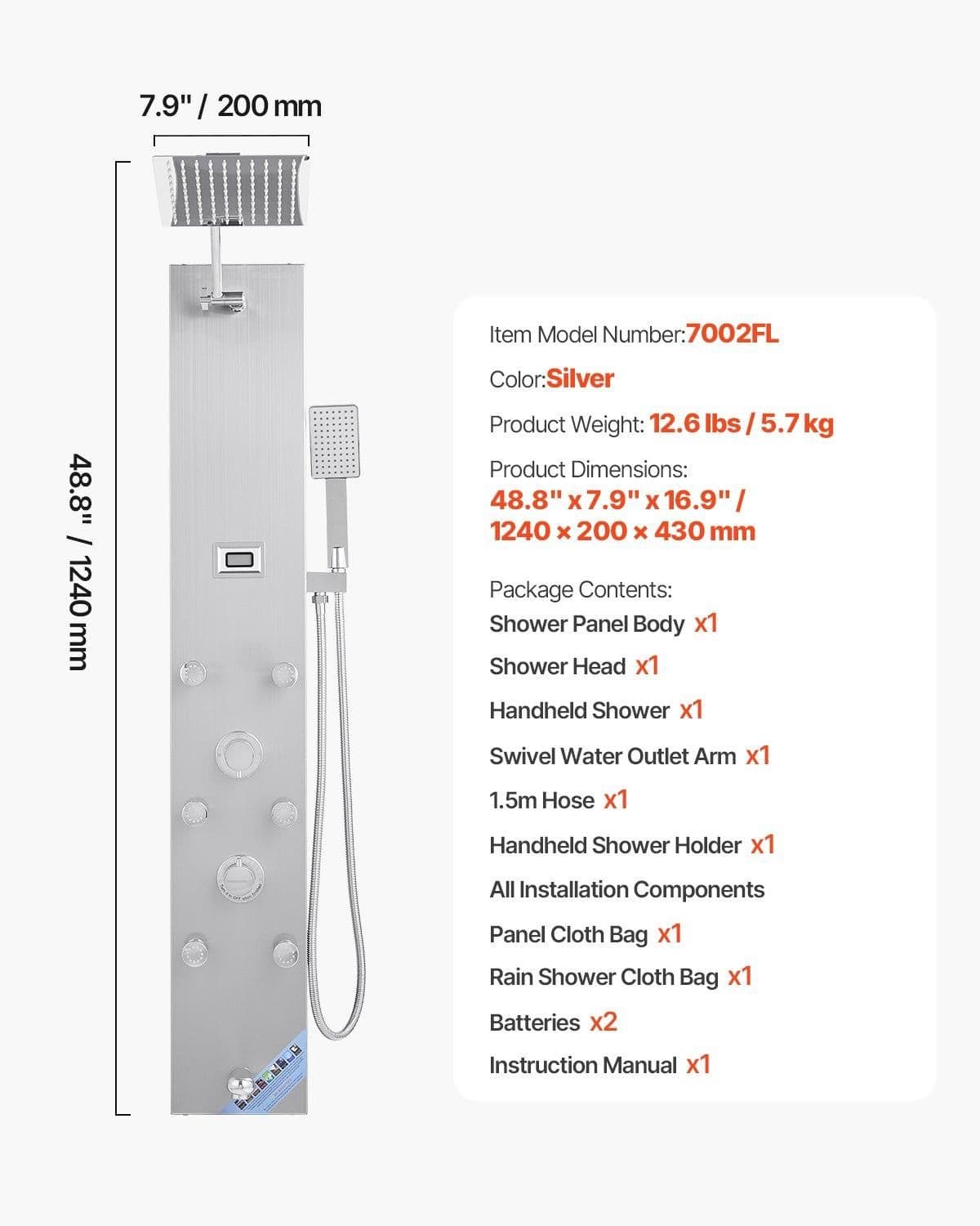 image-VEVOR Shower Panel Tower System with Rainfall Shower Head, LED, 49 in Brushed Stainless Steel Shower Column, 4-Function Faucet, Wall-Mount Rain Massage System with 6 Body Jets, Handheld, and Tub Spout