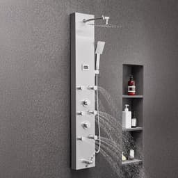 image-VEVOR Shower Panel Tower System with Rainfall Shower Head, LED, 49 in Brushed Stainless Steel Shower Column, 4-Function Faucet, Wall-Mount Rain Massage System with 6 Body Jets, Handheld, and Tub Spout