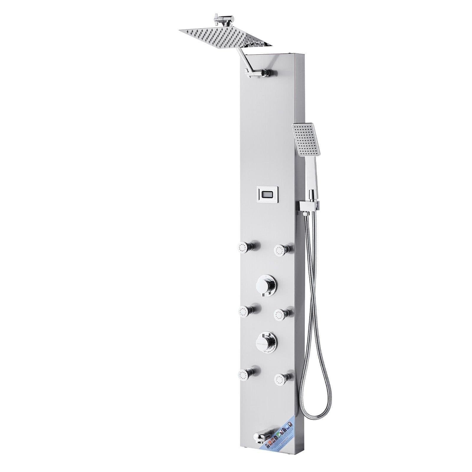image-VEVOR Shower Panel Tower System with Rainfall Shower Head, LED, 49 in Brushed Stainless Steel Shower Column, 4-Function Faucet, Wall-Mount Rain Massage System with 6 Body Jets, Handheld, and Tub Spout