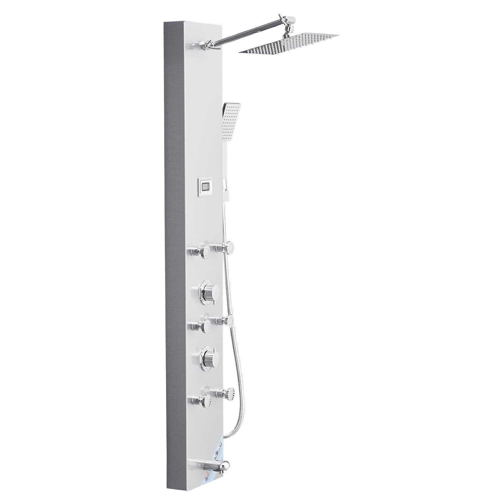 image-VEVOR Shower Panel Tower System with Rainfall Shower Head, LED, 49 in Brushed Stainless Steel Shower Column, 4-Function Faucet, Wall-Mount Rain Massage System with 6 Body Jets, Handheld, and Tub Spout