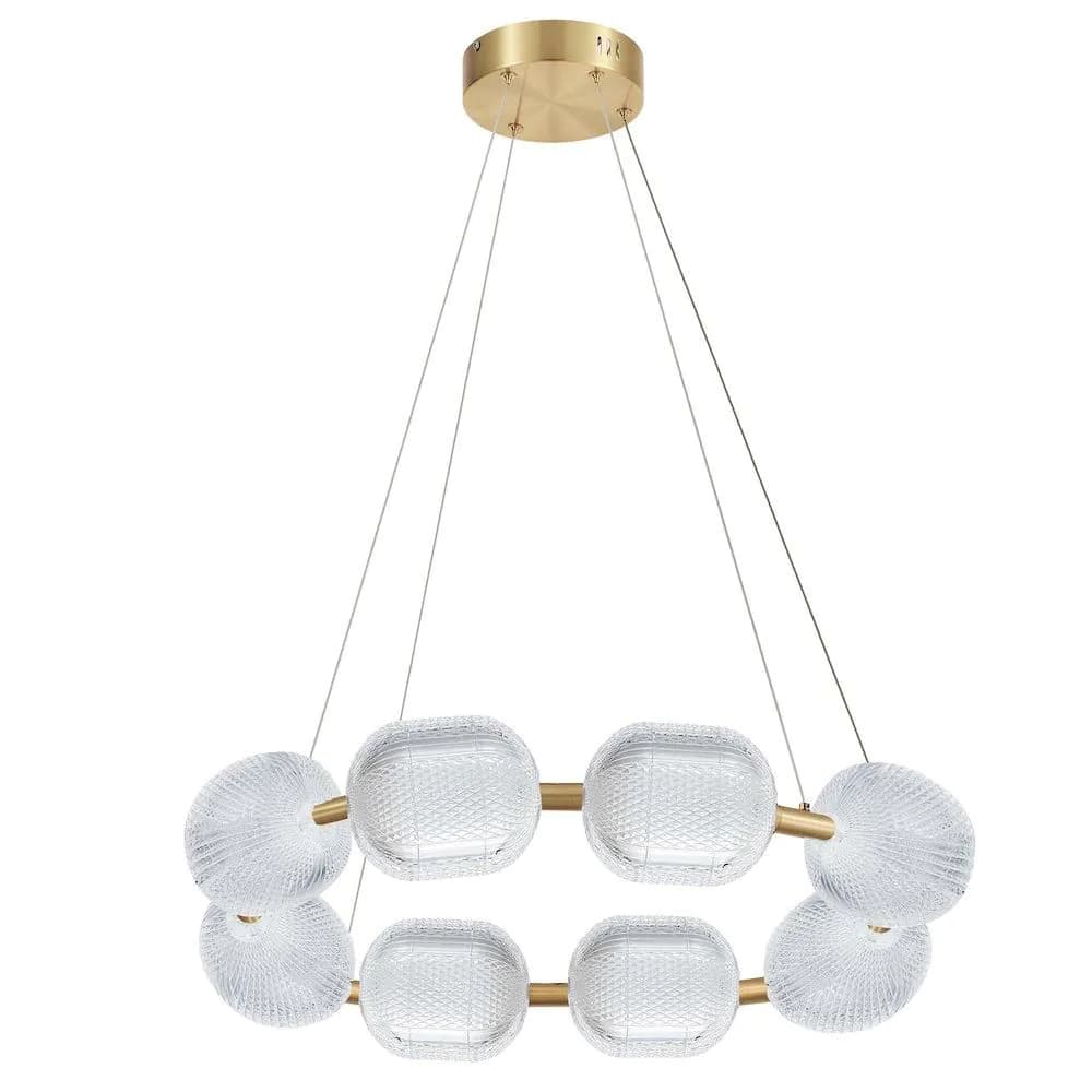 image-56W Chandelier in Aged Brass w/ Clear Pattern Acrylic