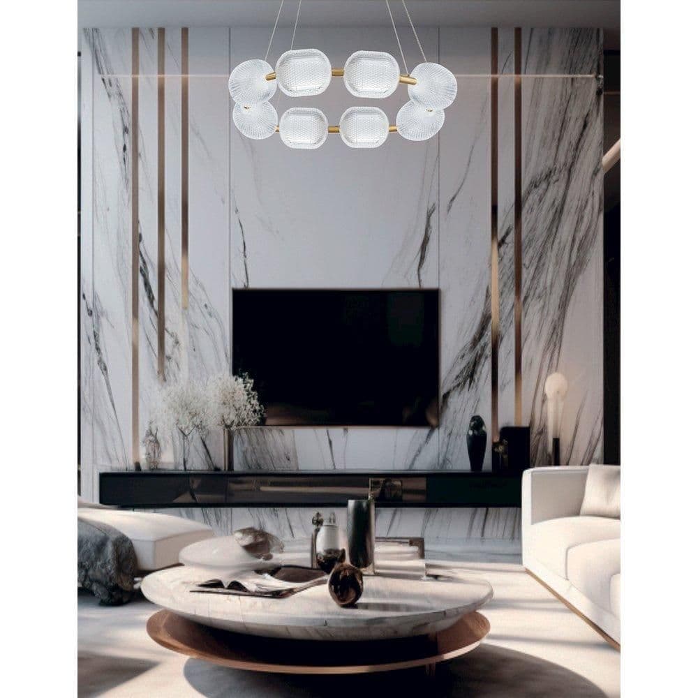 image-56W Chandelier in Aged Brass w/ Clear Pattern Acrylic