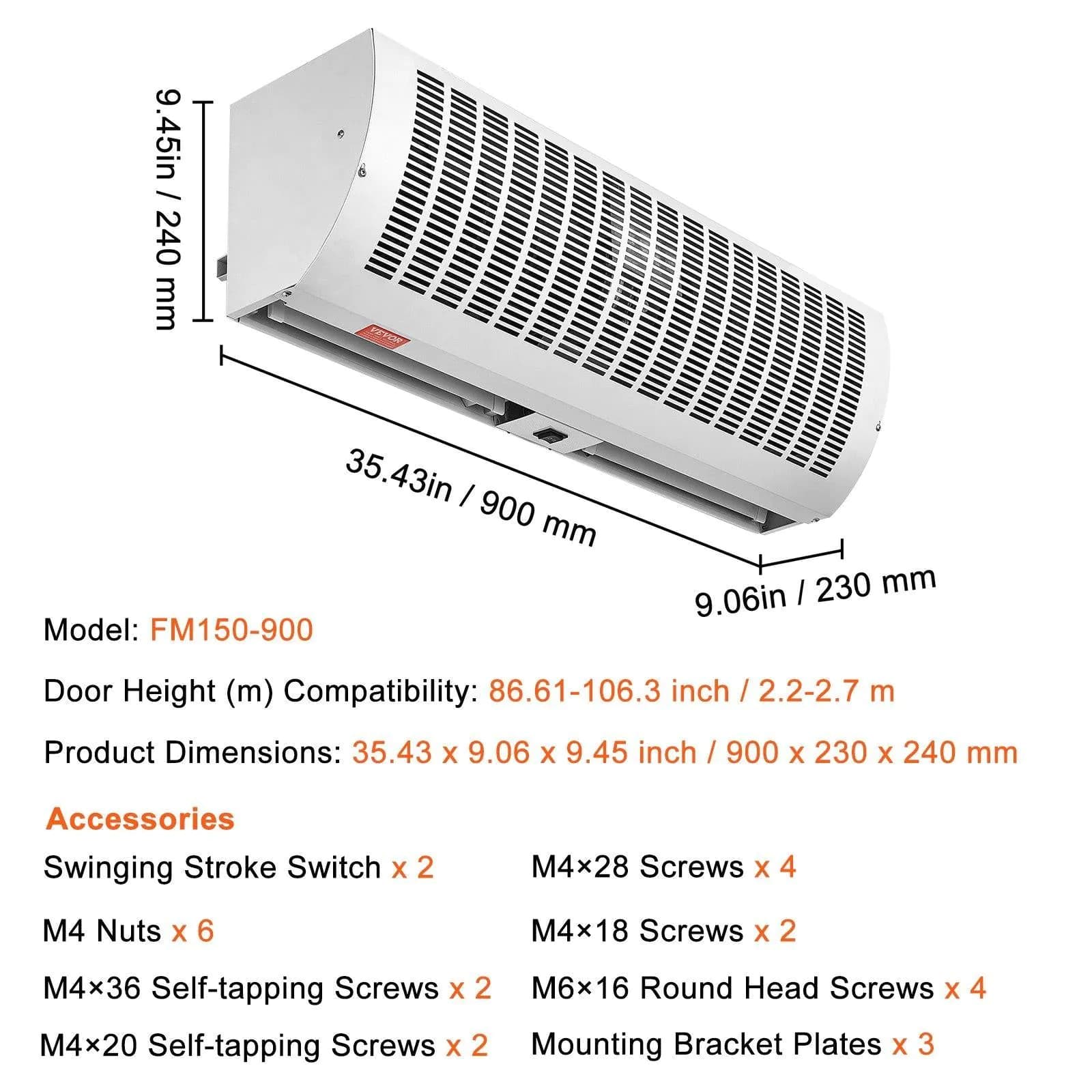 image-VEVOR Rideau d'air intérieur commercial de 0,9 m, super puissance, 2 vitesses, 2038 m³/h, rideaux d'air muraux certifiés UL pour portes, ventilateur intérieur sur porte avec interrupteur de fin de cou