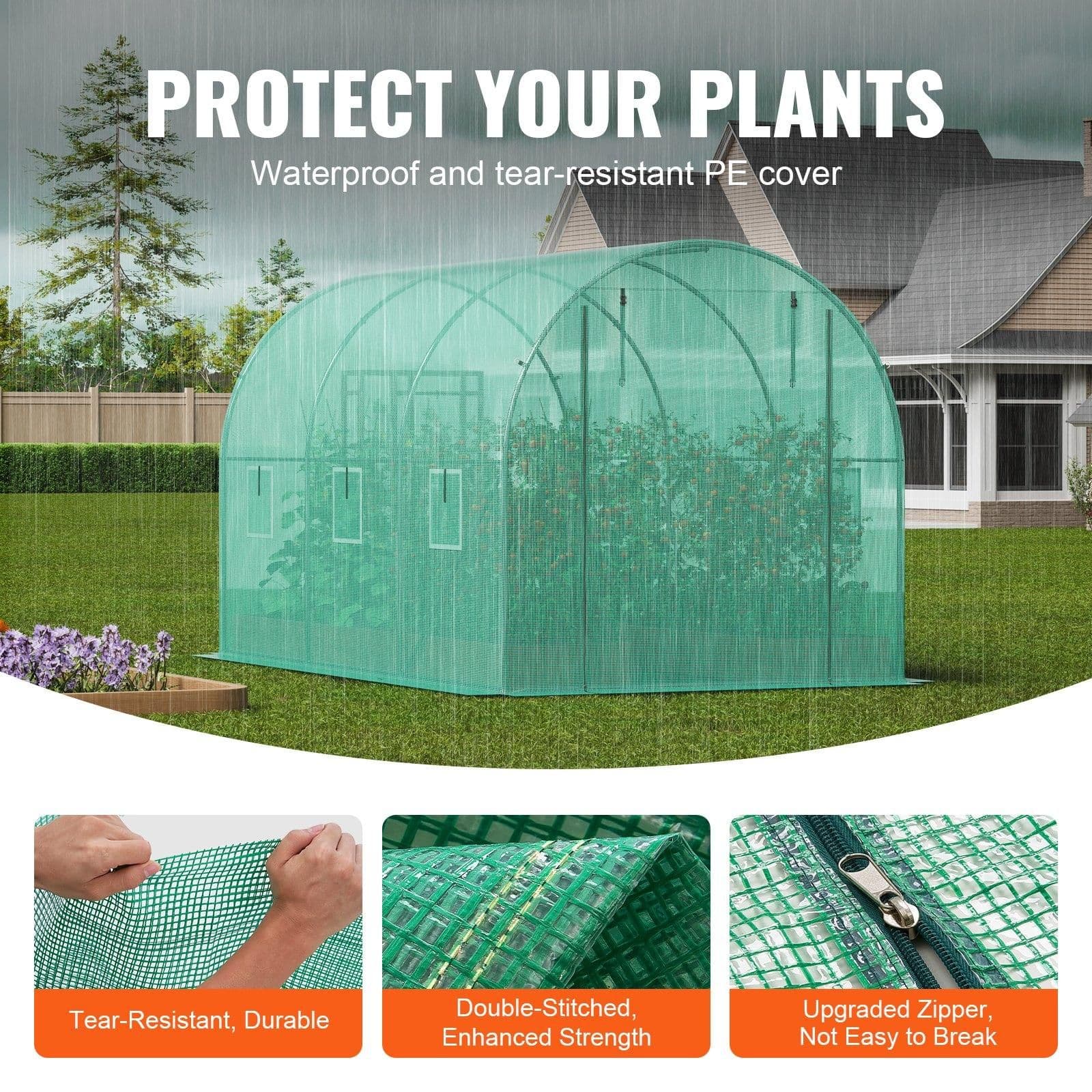 image-VEVOR Serre Tunnel Jardin, 345x195x192 cm, Tente Abri Plantes avec Cadre en Acier Galvanisé, Couverture en PE Verte, Porte à Glissière Enroulable, 6 Fenêtres, pour Extérieur Cultiver Légumes Fleurs