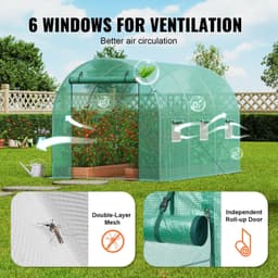 image-VEVOR Serre Tunnel Jardin, 345x195x192 cm, Tente Abri Plantes avec Cadre en Acier Galvanisé, Couverture en PE Verte, Porte à Glissière Enroulable, 6 Fenêtres, pour Extérieur Cultiver Légumes Fleurs