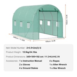image-VEVOR Serre Tunnel Jardin, 345x195x192 cm, Tente Abri Plantes avec Cadre en Acier Galvanisé, Couverture en PE Verte, Porte à Glissière Enroulable, 6 Fenêtres, pour Extérieur Cultiver Légumes Fleurs