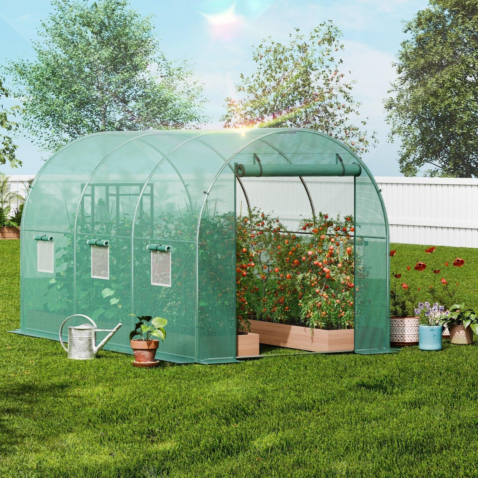 image-VEVOR Serre Tunnel Jardin, 345x195x192 cm, Tente Abri Plantes avec Cadre en Acier Galvanisé, Couverture en PE Verte, Porte à Glissière Enroulable, 6 Fenêtres, pour Extérieur Cultiver Légumes Fleurs