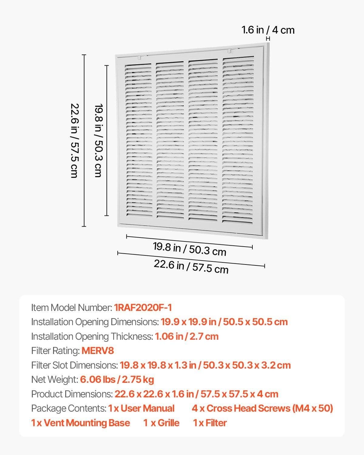 image-VEVOR Grille de Retour d'Air avec Filtre pour Ouverture de Conduit 50,5 x 50,5 cm, Grille de Ventilation de Retour d'Air Murale, en Acier Revêtement en Poudre, pour Amélioration de la Ventilation