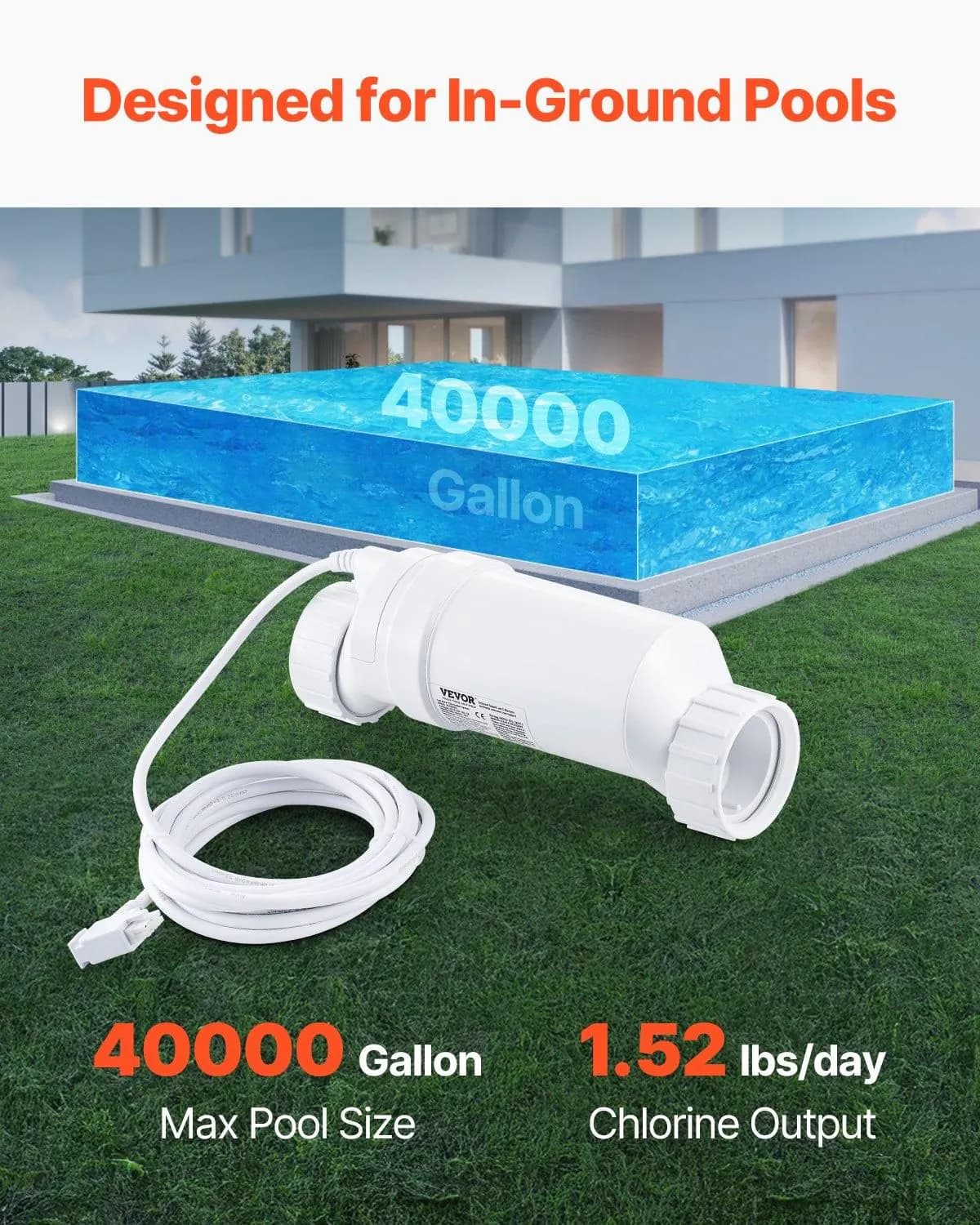 image-VEVOR Système de chloration d'eau salée, pour piscines creusées de 151,4 kL, cellule de chloration de piscine, compatible avec Hayward W3T-Cell-15 (T15), 28,7 g/h, avec ligne électrique 4,6 m, blanc