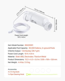 image-VEVOR Système de chloration d'eau salée, pour piscines creusées de 151,4 kL, cellule de chloration de piscine, compatible avec Hayward W3T-Cell-15 (T15), 28,7 g/h, avec ligne électrique 4,6 m, blanc
