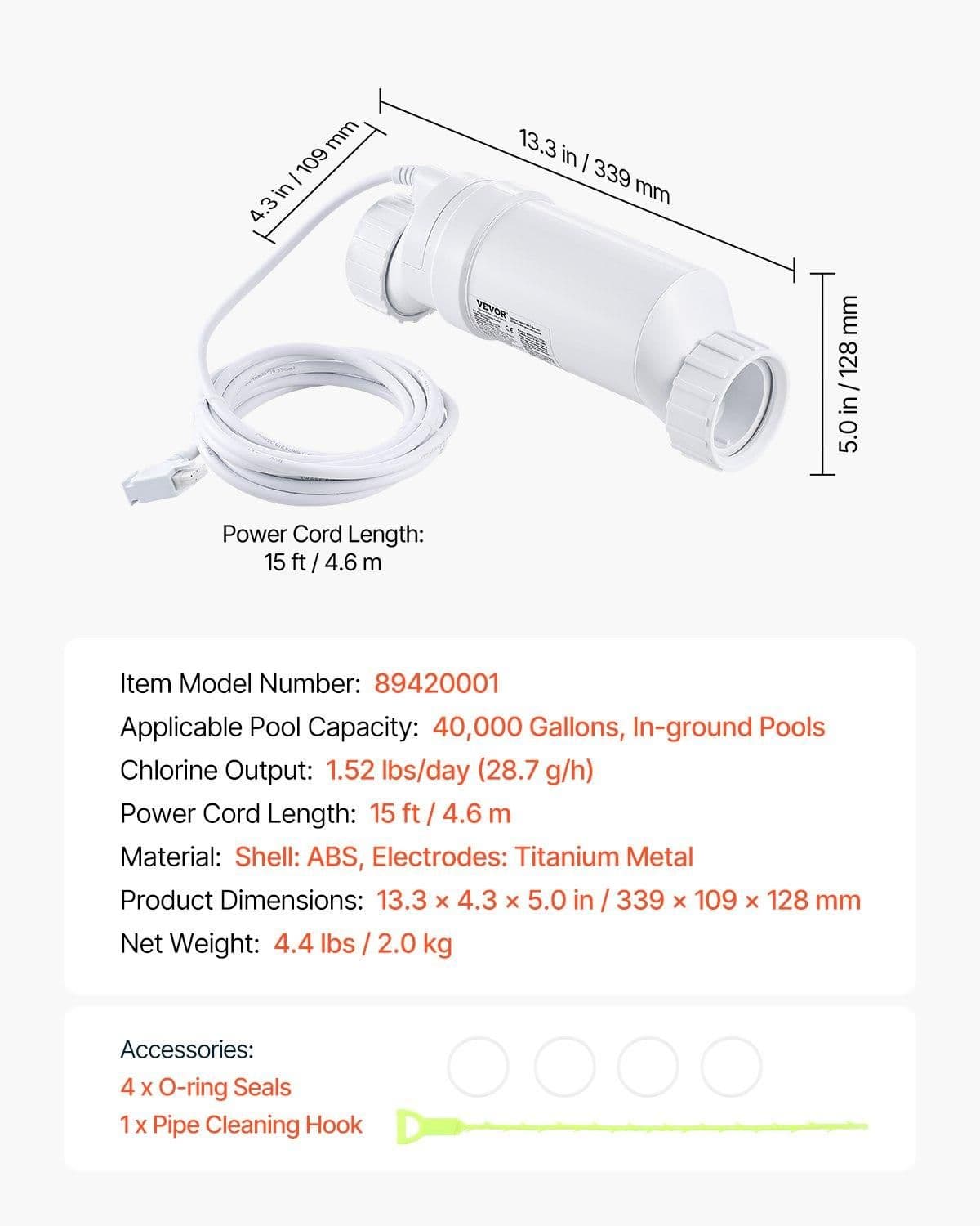 image-VEVOR Système de chloration d'eau salée, pour piscines creusées de 151,4 kL, cellule de chloration de piscine, compatible avec Hayward W3T-Cell-15 (T15), 28,7 g/h, avec ligne électrique 4,6 m, blanc