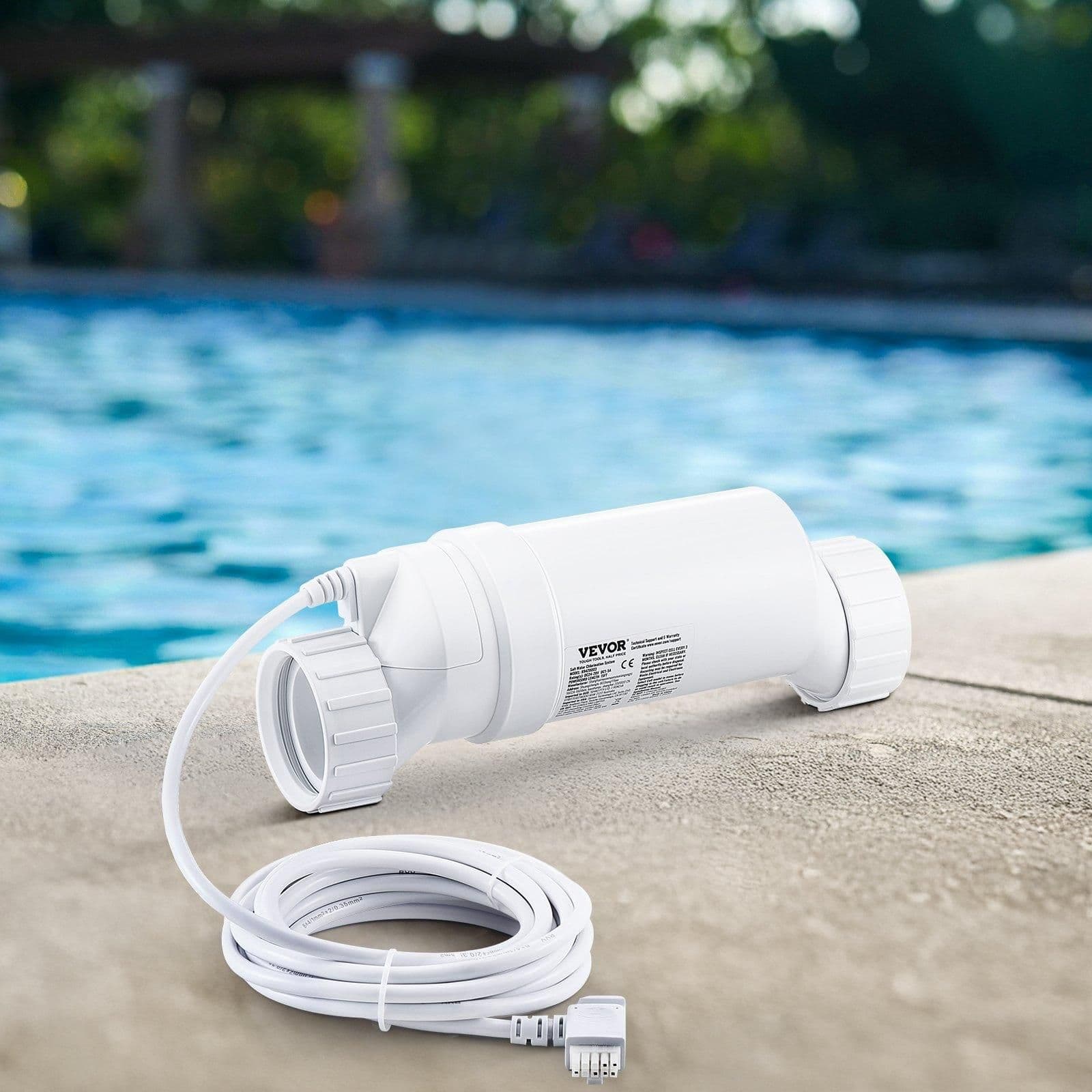 image-VEVOR Système de chloration d'eau salée, pour piscines creusées de 151,4 kL, cellule de chloration de piscine, compatible avec Hayward W3T-Cell-15 (T15), 28,7 g/h, avec ligne électrique 4,6 m, blanc