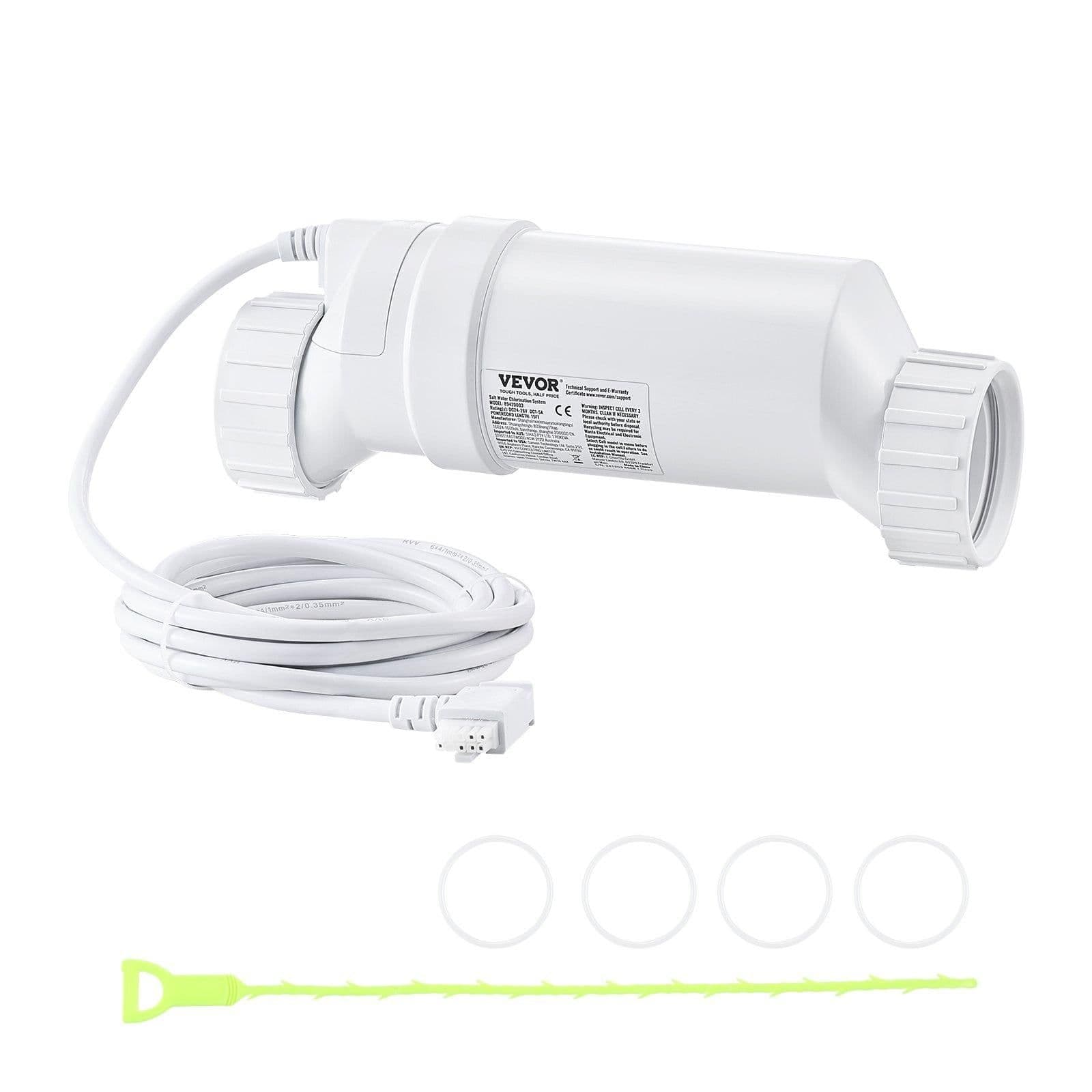 image-VEVOR Système de chloration d'eau salée, pour piscines creusées de 151,4 kL, cellule de chloration de piscine, compatible avec Hayward W3T-Cell-15 (T15), 28,7 g/h, avec ligne électrique 4,6 m, blanc