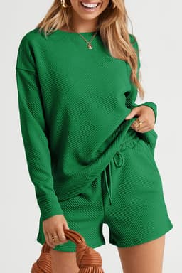 image-Textured Long Sleeve Top & Drawstring Shorts Set - Green