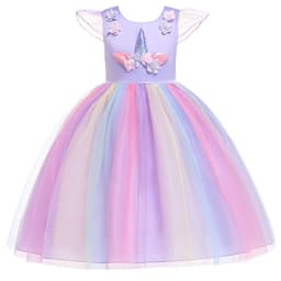image-Halloween Unicorn Ruffle Sleeve Rainbow Dress - Light Blue, 3-8 Years