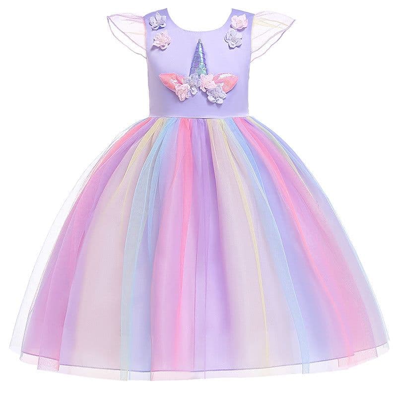 image-Halloween Unicorn Ruffle Sleeve Rainbow Dress - Light Blue, 3-8 Years