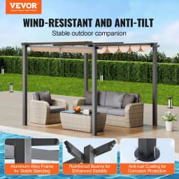 image-VEVOR Pergola rétractable extérieure 3 x 3 m, tonnelle de jardin en aluminium avec auvent, pergola moderne avec pare-soleil en tissu polyester épais pour patios, jardin, terrasse, arrière-cours, beige