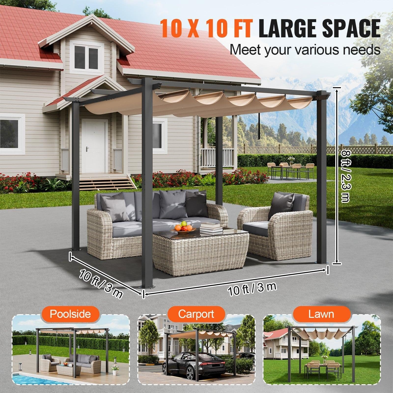 image-VEVOR Pergola rétractable extérieure 3 x 3 m, tonnelle de jardin en aluminium avec auvent, pergola moderne avec pare-soleil en tissu polyester épais pour patios, jardin, terrasse, arrière-cours, beige