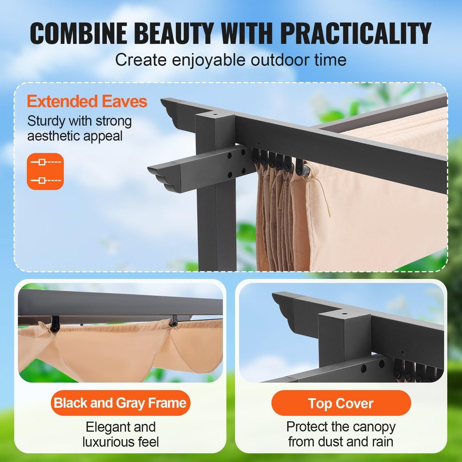 image-VEVOR Pergola rétractable extérieure 3 x 3 m, tonnelle de jardin en aluminium avec auvent, pergola moderne avec pare-soleil en tissu polyester épais pour patios, jardin, terrasse, arrière-cours, beige