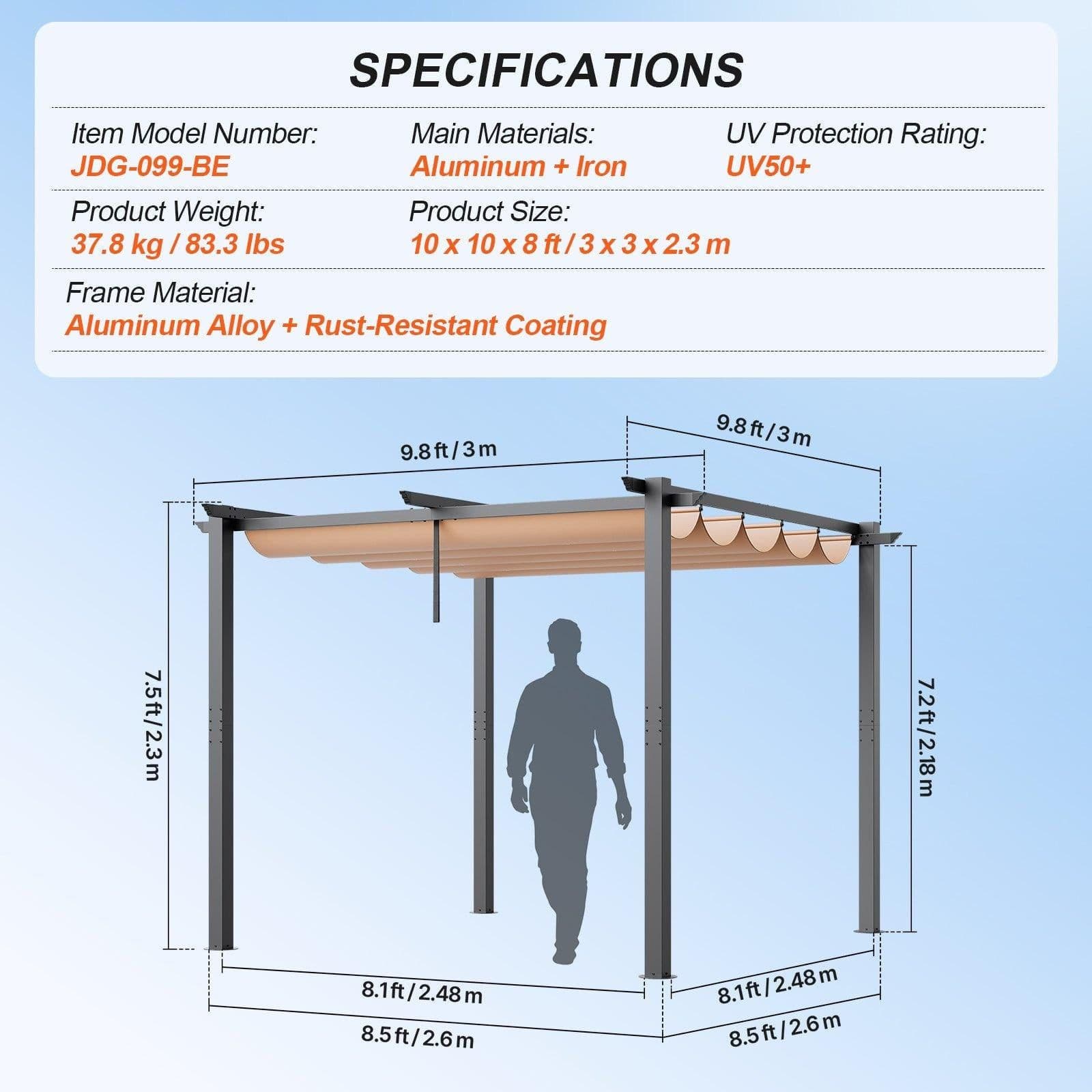 image-VEVOR Pergola rétractable extérieure 3 x 3 m, tonnelle de jardin en aluminium avec auvent, pergola moderne avec pare-soleil en tissu polyester épais pour patios, jardin, terrasse, arrière-cours, beige
