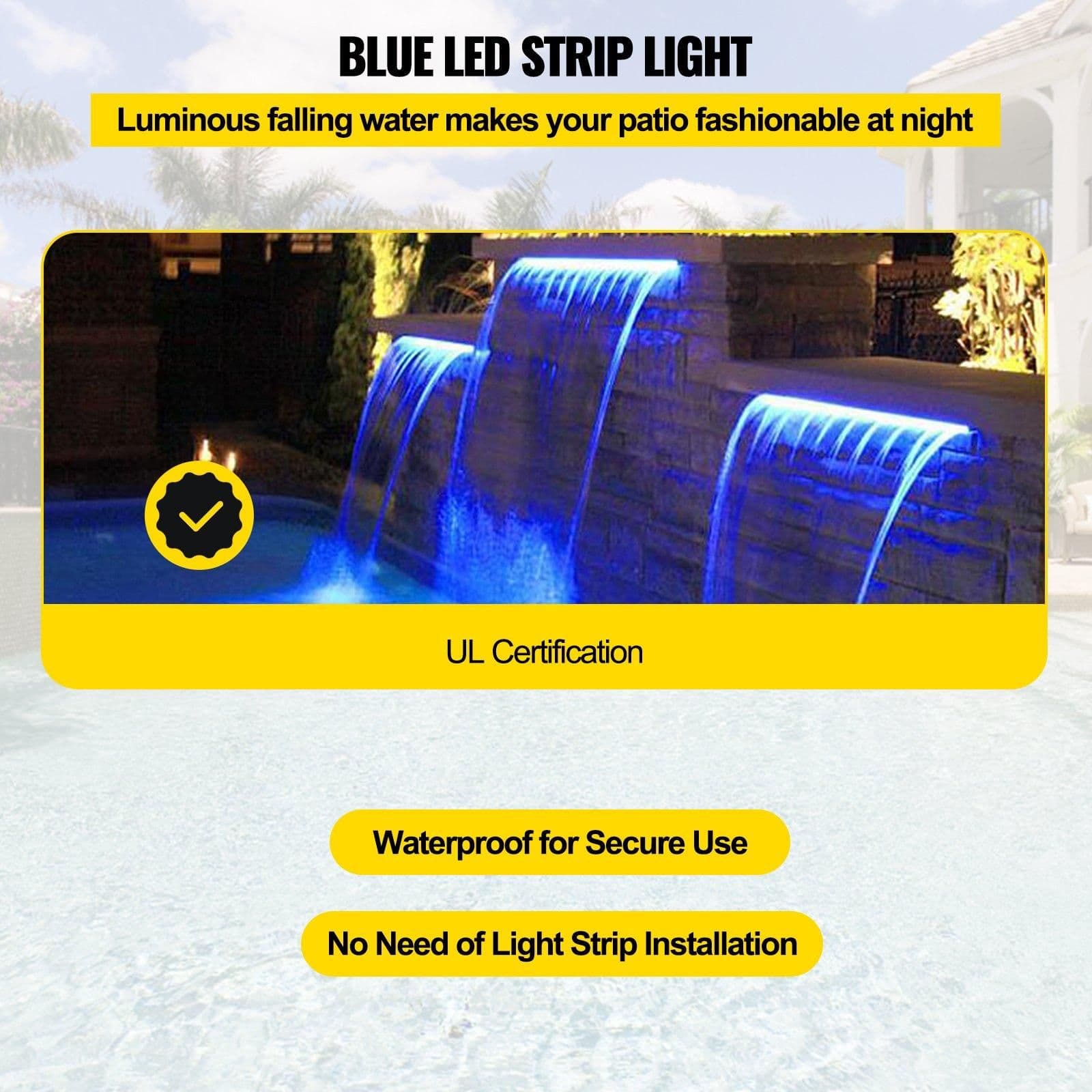 image-VEVOR Cascade Lame d'Eau Rectangulaire 11,8x3,2x8,1 pouces, Cascade de Piscine Lumière Bleue, Fontaine de Piscine Rectangulaire Déversoir de Fontaine Débit d'Eau Constant