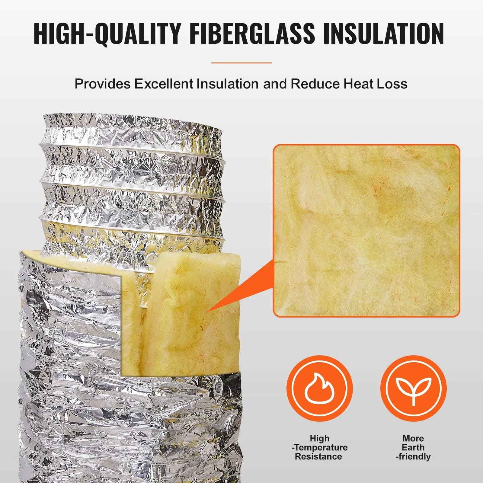 image-VEVOR Tuyau Flexible Isolé 130x7620 mm Conduit d'Aération Isolant Thermique en Aluminium PET avec 2 Colliers de Serrage Protection à Trois Couches pour Ventilation, Chauffage, Refroidissement, R-4.2