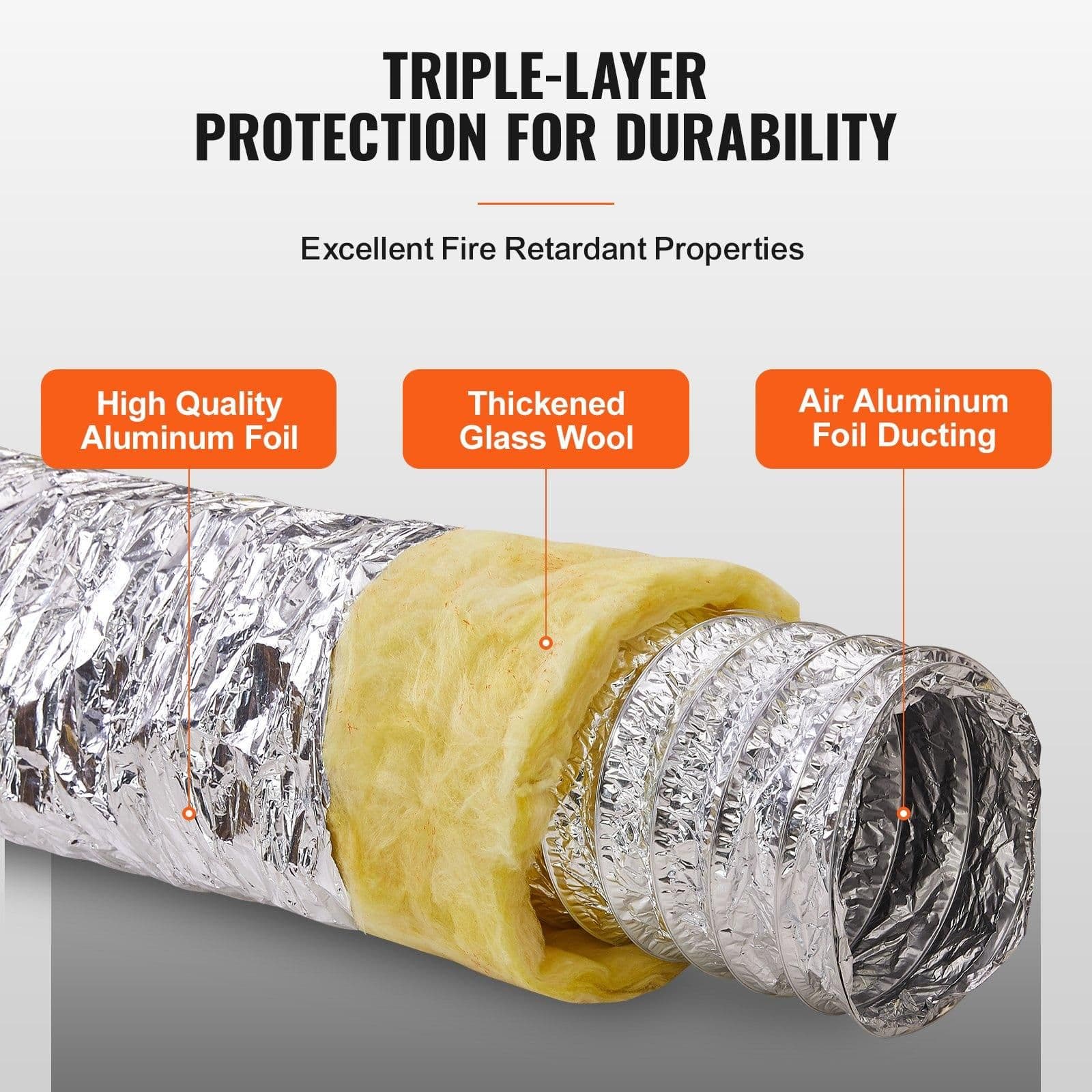 image-VEVOR Tuyau Flexible Isolé 130x7620 mm Conduit d'Aération Isolant Thermique en Aluminium PET avec 2 Colliers de Serrage Protection à Trois Couches pour Ventilation, Chauffage, Refroidissement, R-4.2