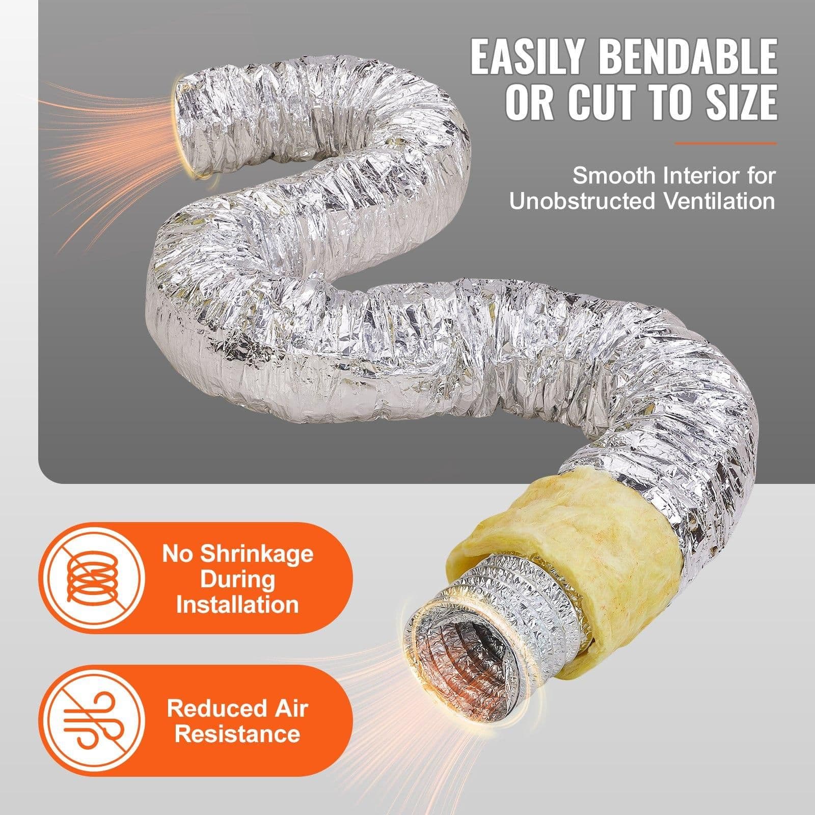 image-VEVOR Tuyau Flexible Isolé 130x7620 mm Conduit d'Aération Isolant Thermique en Aluminium PET avec 2 Colliers de Serrage Protection à Trois Couches pour Ventilation, Chauffage, Refroidissement, R-4.2