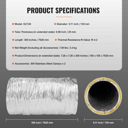 image-VEVOR Tuyau Flexible Isolé 130x7620 mm Conduit d'Aération Isolant Thermique en Aluminium PET avec 2 Colliers de Serrage Protection à Trois Couches pour Ventilation, Chauffage, Refroidissement, R-4.2