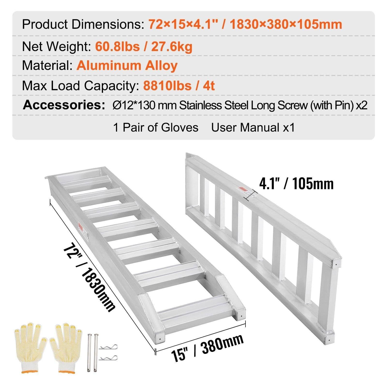 image-VEVOR Rampes de Chargement en Alu, Charge 4 t, Rampe d’Accès avec Extrémité de Fixation Supérieure à Crochet, Rail de Chargement pour Moto, Tracteur, VTT, Camion, Tondeuse à Gazon, 183x38 cm, 2PCs