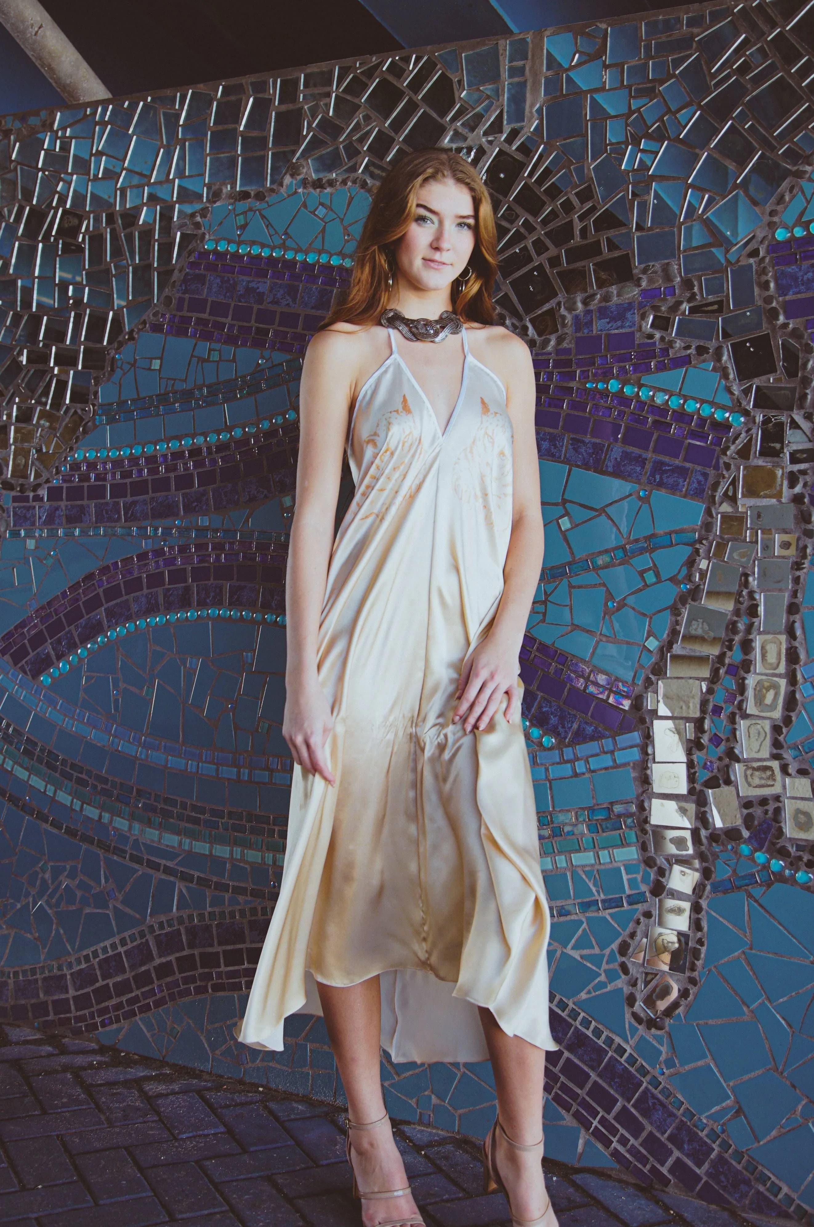 image-Altair Silk Halter Dress in Dueling Jaguars