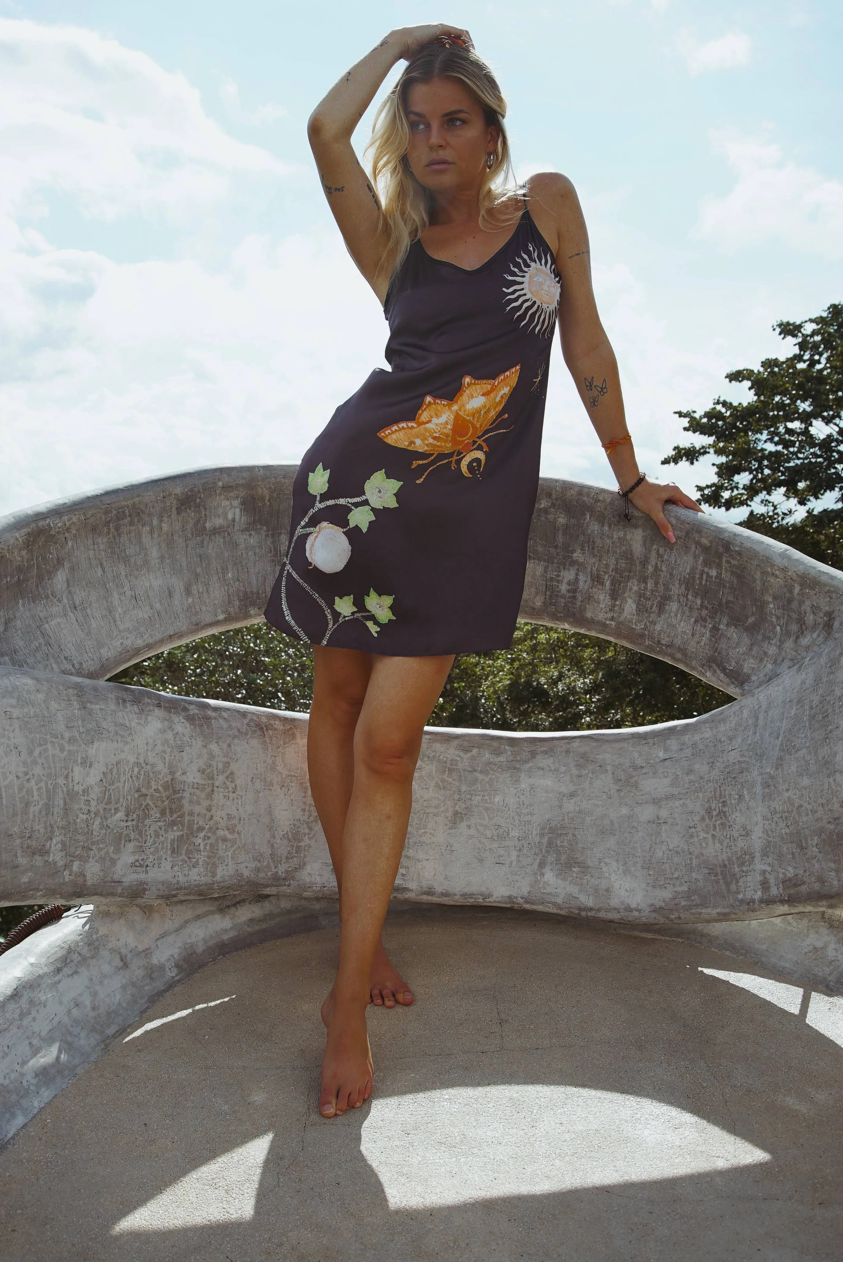 image-Vela Silk Slip Dress in Black Jungle Butterfly