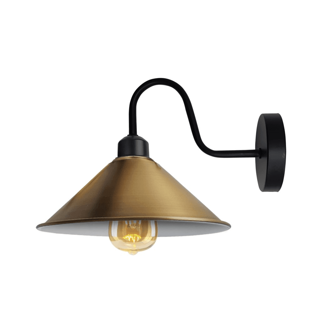 image-Yellow Brass Wall Light Fixture,Black Wall Sconce E27 Base Socket Screw Type Wall Mounted Swan Neck Cone Shape Shade