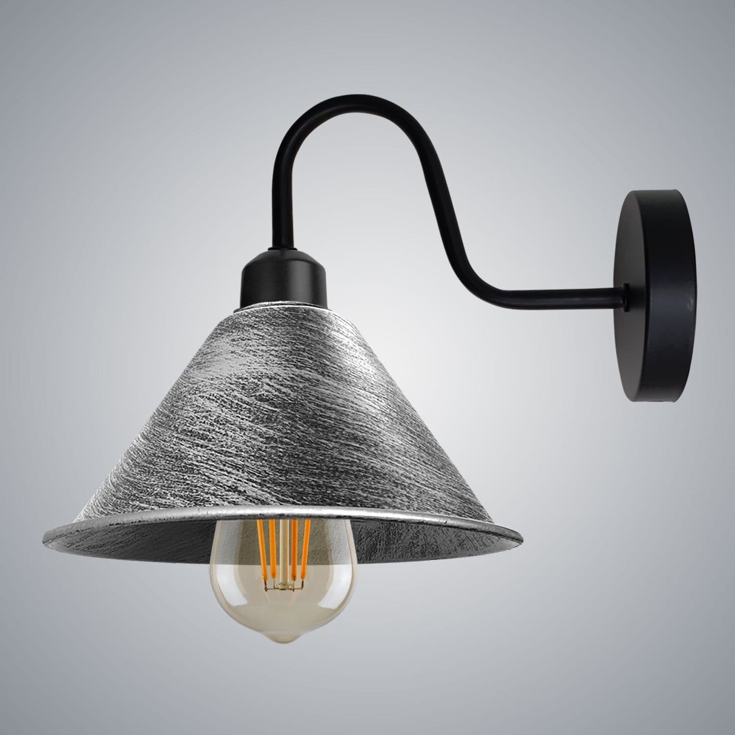image-Brushed Silver Vintage Wall Light Fixture Black Wall Sconce Socket Screw Wall Mounted Swan Neck Cone Shape Shade