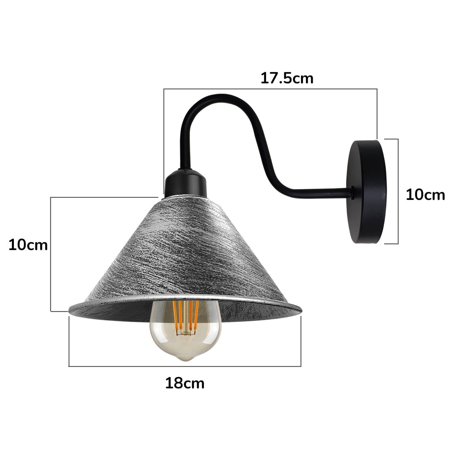 image-Brushed Silver Vintage Wall Light Fixture Black Wall Sconce Socket Screw Wall Mounted Swan Neck Cone Shape Shade