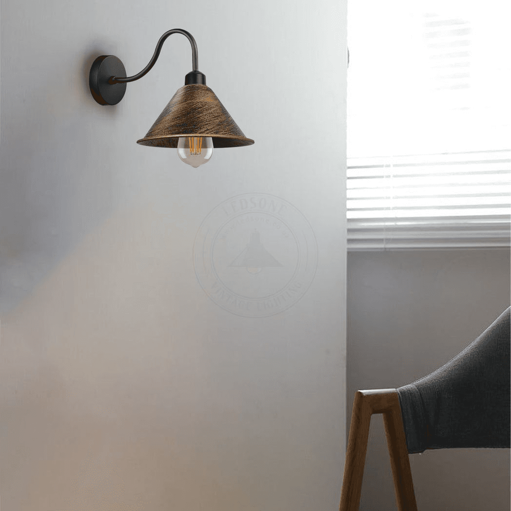 image-Brushed Copper Vintage Wall Light Fixture Black Wall Sconce E27 Base Socket Screw Wall Mounted Neck Cone Shape Shade