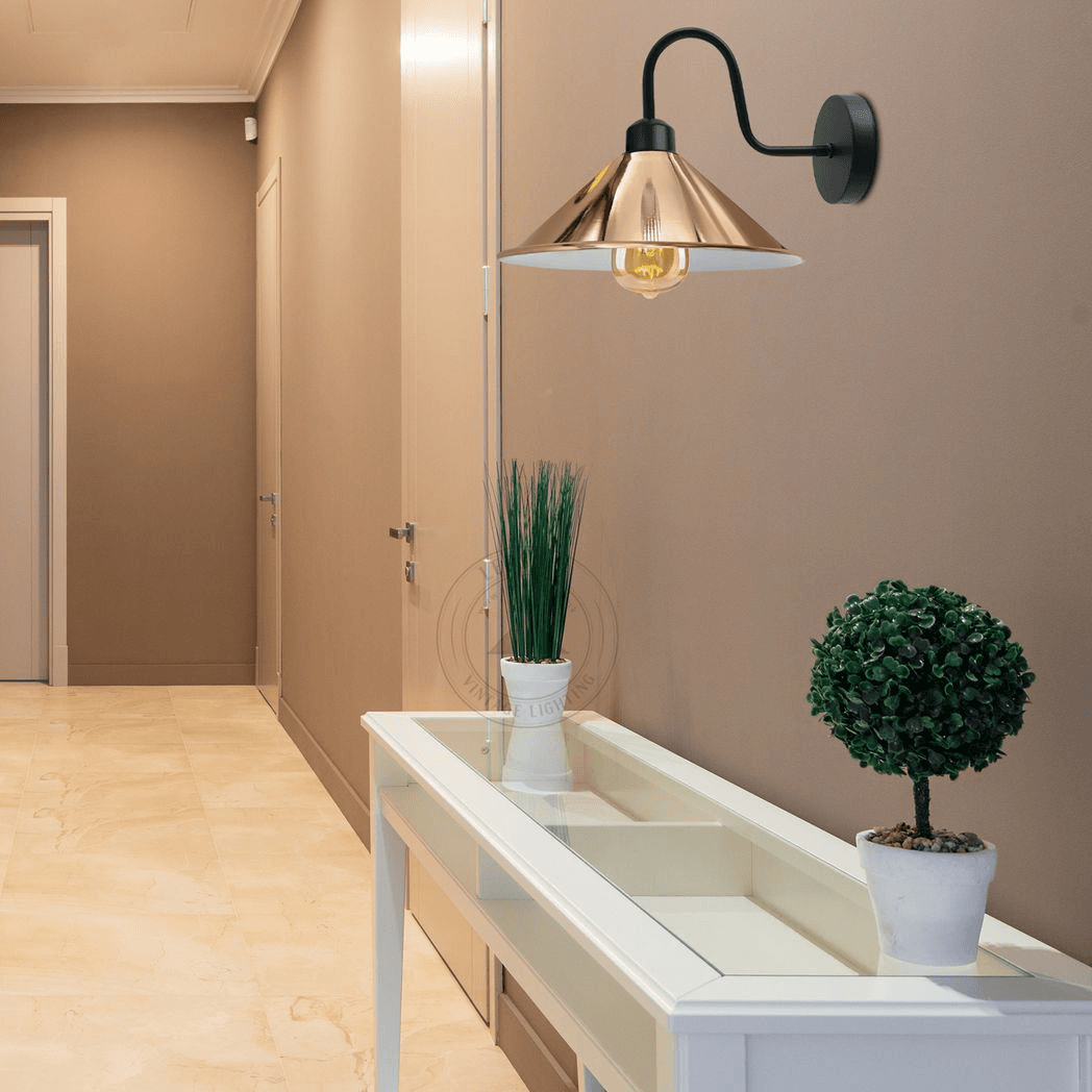 image-Rose Gold Wall Light Fixture,Black Wall Sconce E27 Base Socket Screw Type Wall Mounted Swan Neck Cone Shape Shade