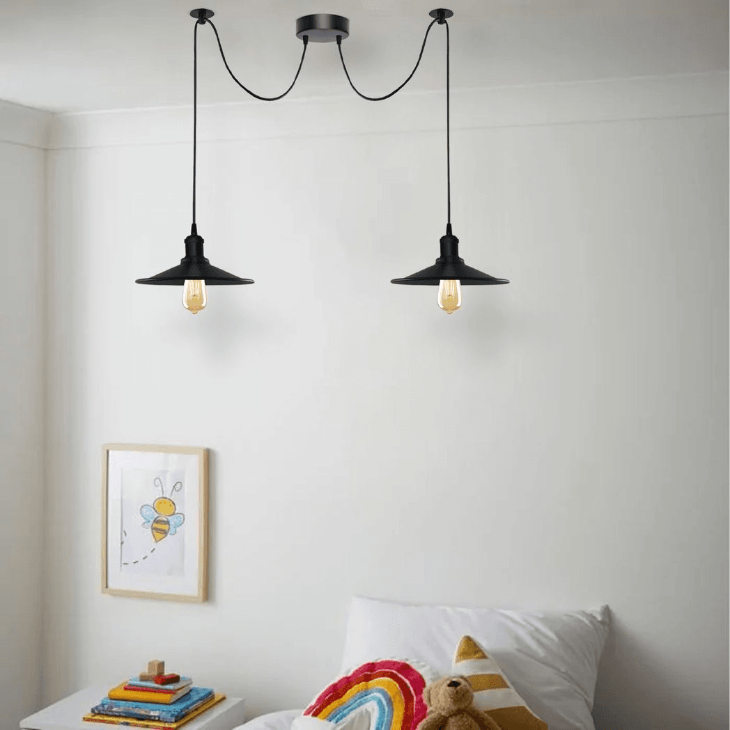 image-Black Vintage 2 Head Cone shaped shade Ceiling Pendant Light Fitting with Adjustable Cord Hanging Light Fixture