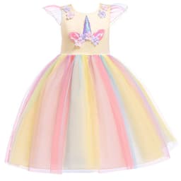 image-Halloween Unicorn Ruffle Sleeve Rainbow Dress - Light Blue, 3-8 Years