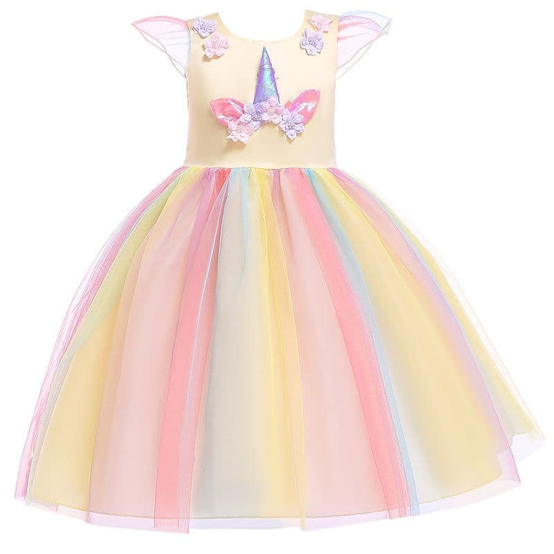 image-Halloween Unicorn Ruffle Sleeve Rainbow Dress - Light Blue, 3-8 Years